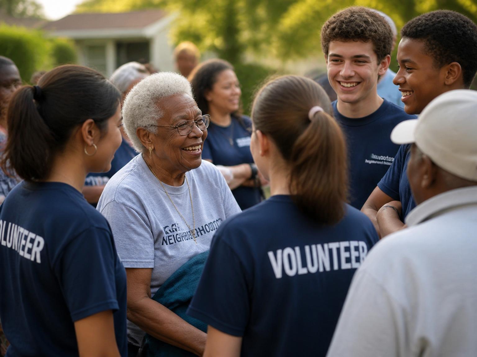 Youth volunteers gathered with older adults at a neighborhood community event