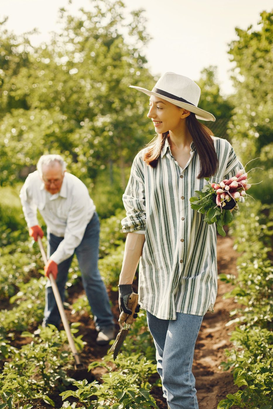 A young woman and an older man working side by side in a community garden