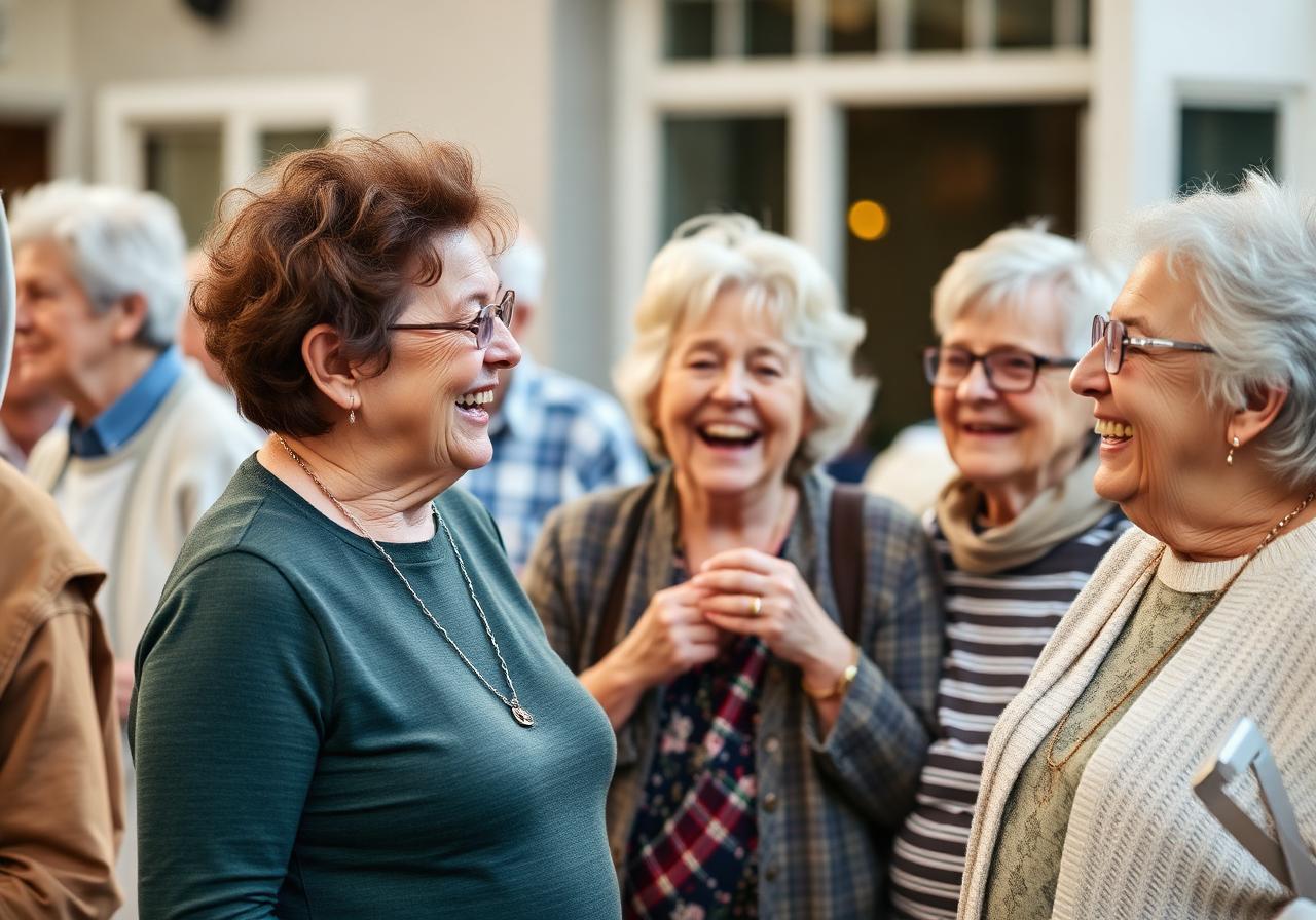 Older adult residents laughing together at a community event